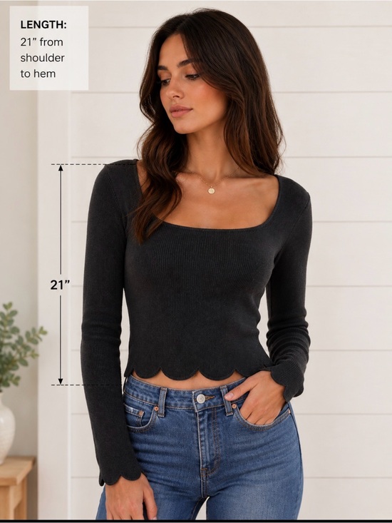 Anthropologie Tops - Anthropology S black ribbed scalloped wrist & hem 100% cotton top boho chic